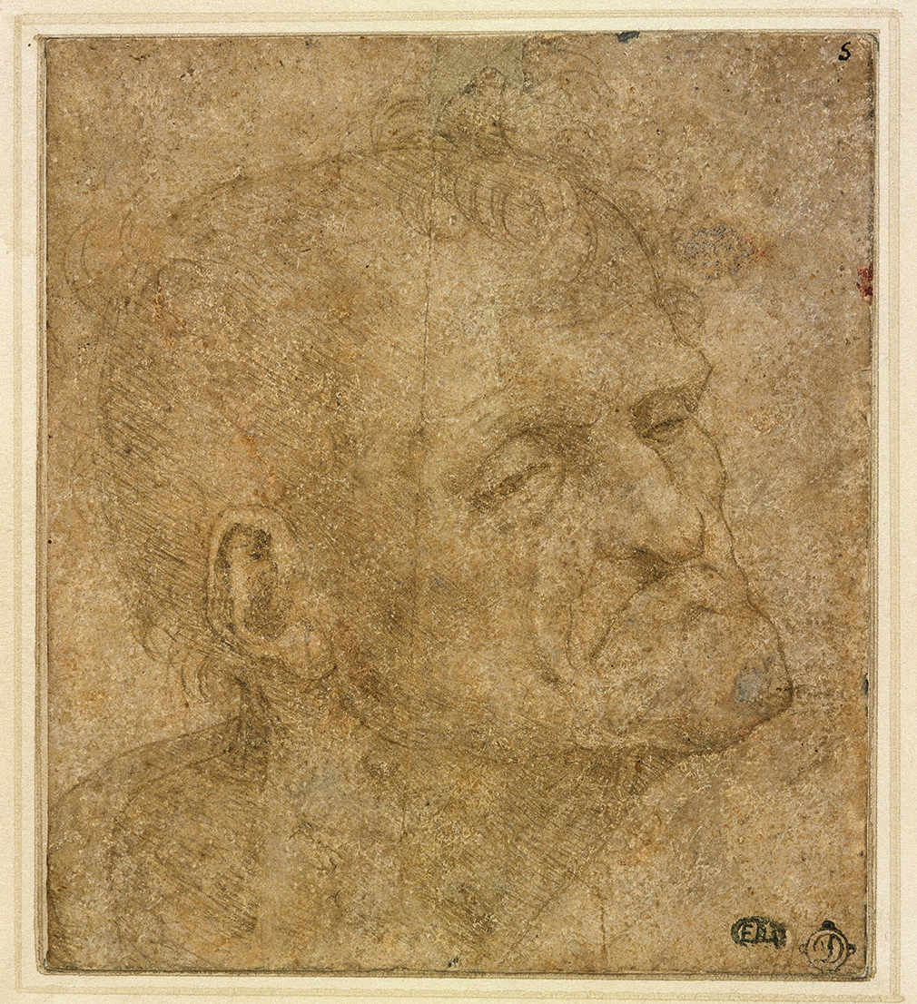 Léonard de Vinci  (Vinci, 1452 - Amboise, 1519)  Tête de vieillard de trois quart  Pointe d’argent sur papier légèrement préparé ocre rosé.  H. 0,095 ; L. 0,085 m.  Inv. n°EBA427