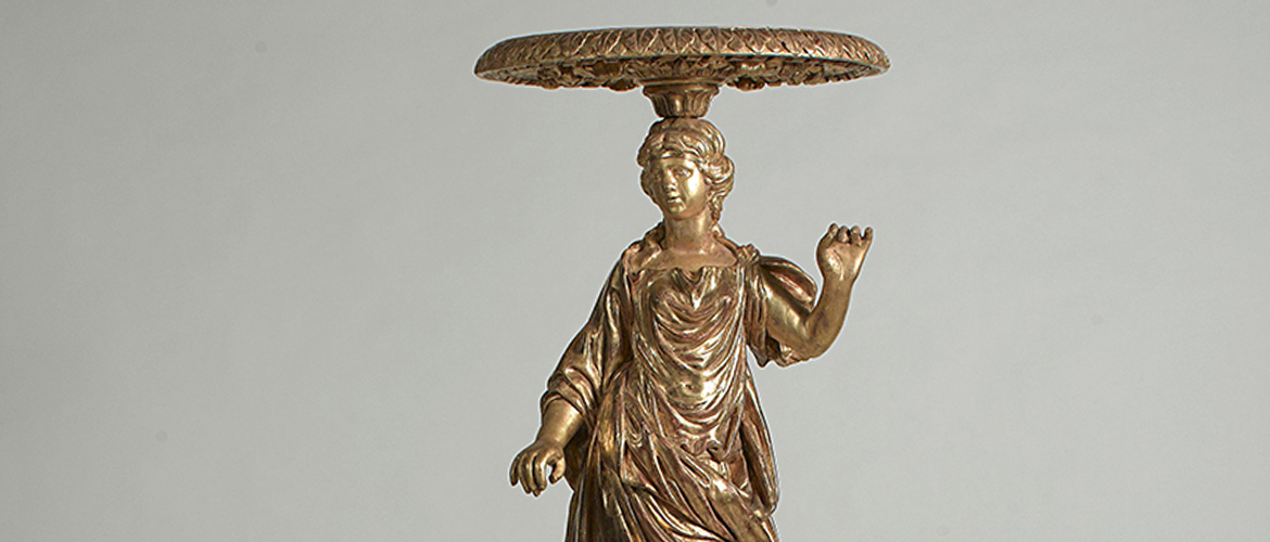 Torchère-cariatide de l’Académie royale de peinture et de sculpture, avec une allégorie de la géométrie, seconde moitié du XVIIe siècle, Bois doré, 175 x 53 cm